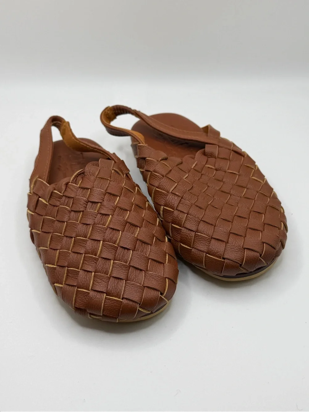 Kids Brown Woven Leather Slip-On Sandals (run small)